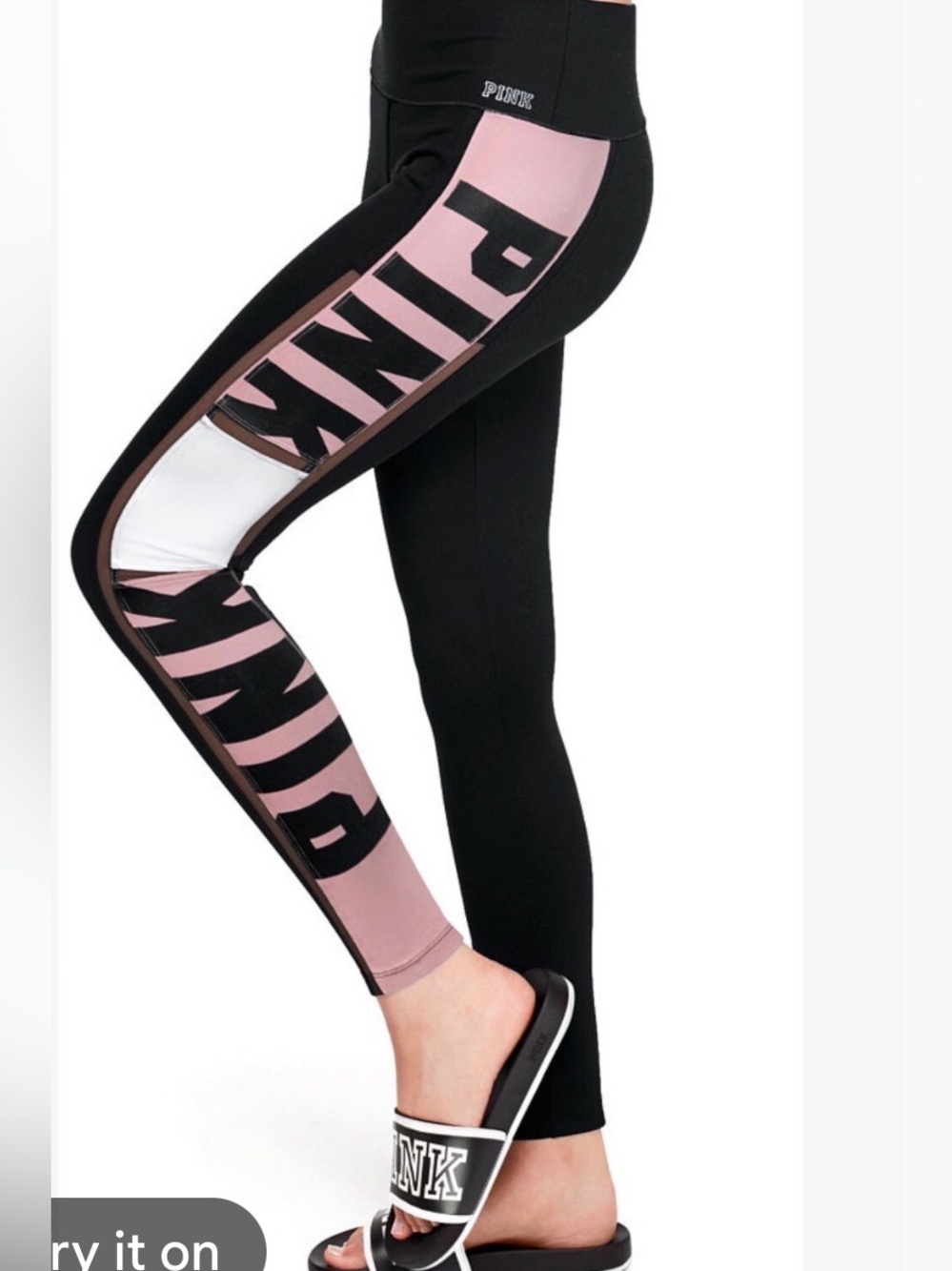PINK Victoria's Secret Black and Pink Colorblock Leggings with White Panel